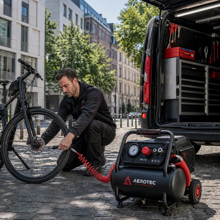 Der Akkukompressor beim Reifenfüllen in der Stadt